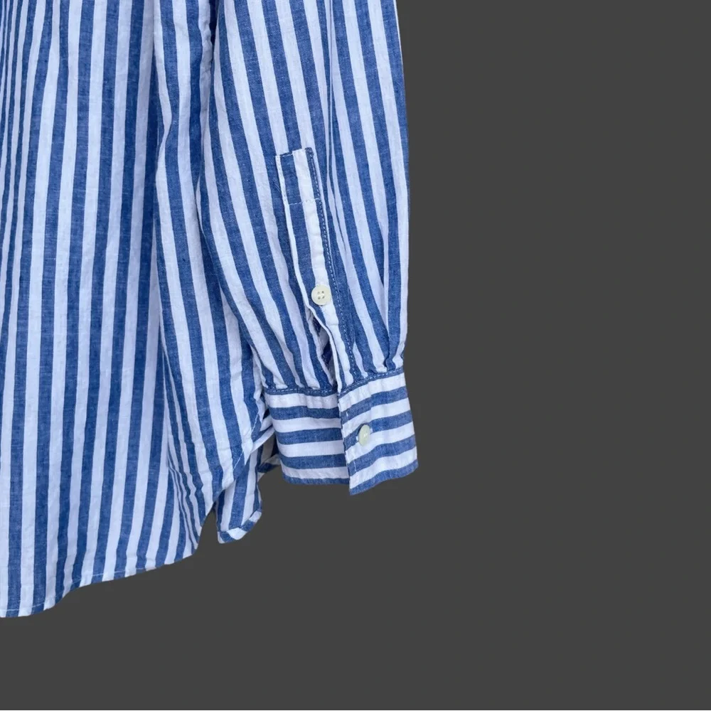 SEZANE Classic Oversized Blue & White Striped Linen Cotton Button Down Max Shirt - Picture 10 of 17